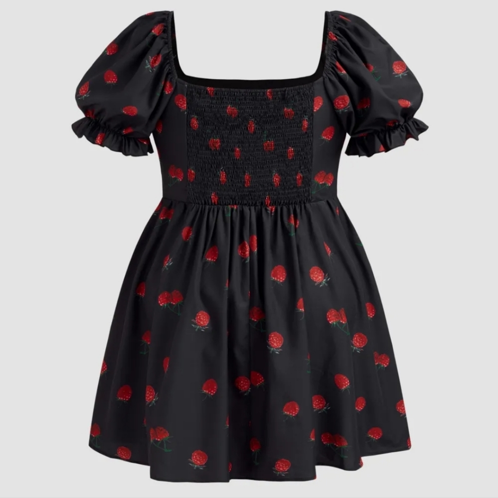 Cider Black Mini Dress with Red Strawberry Print - Picture 2 of 4